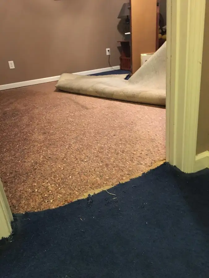 Carpet pad removal revealing water damage during Water Mitigation Services in St. Thomas